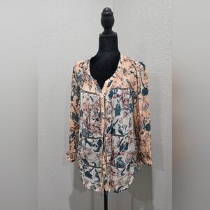 Lucky Brand Floral Blouse - Peach and Teal